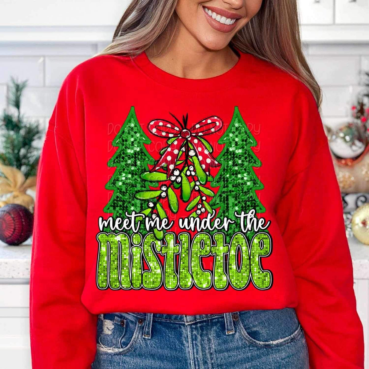 Meet me under the mistletoe (sequin with trees) 15852 DTF Transfer