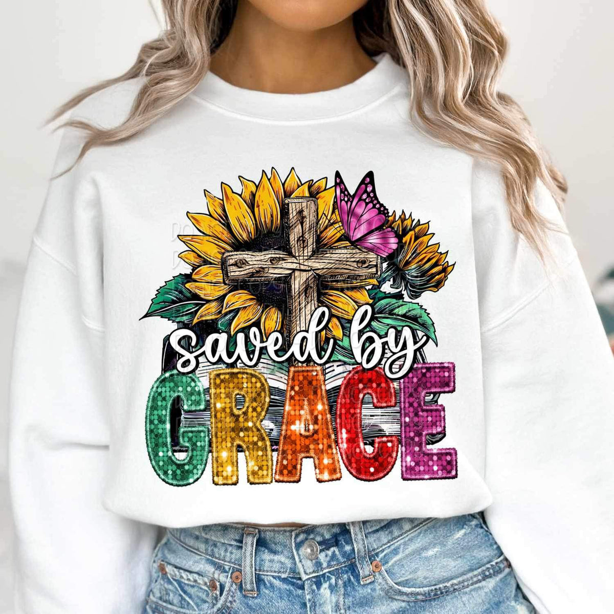 Saved by grace (sequin font with wooden cross, book, sunflower, butterfly) 15845 DTF Transfer