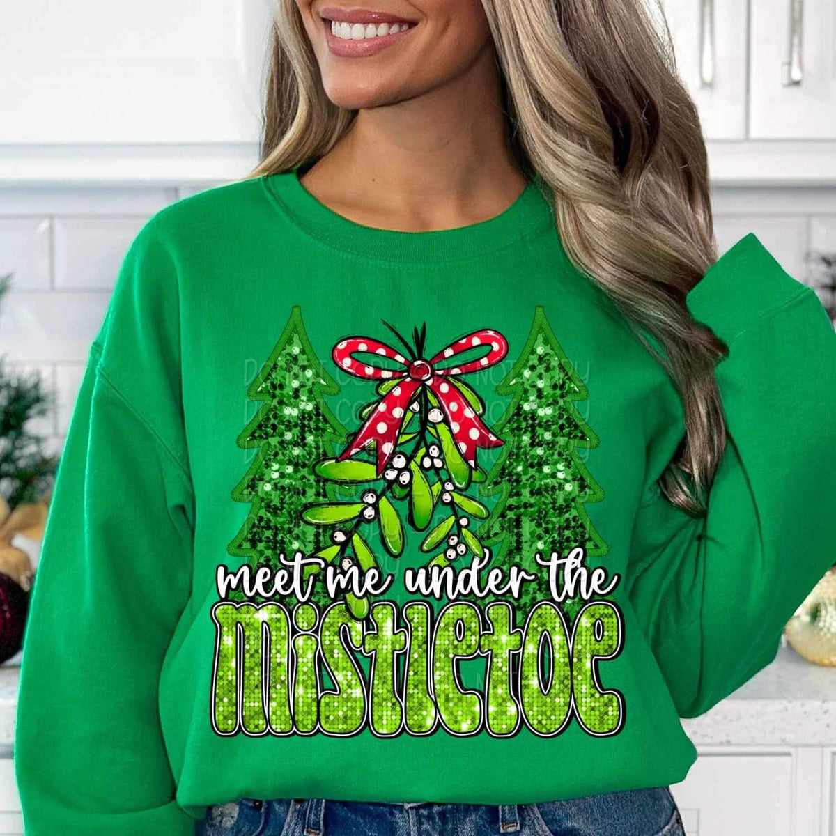 Meet me under the mistletoe (sequin with trees) 15852 DTF Transfer