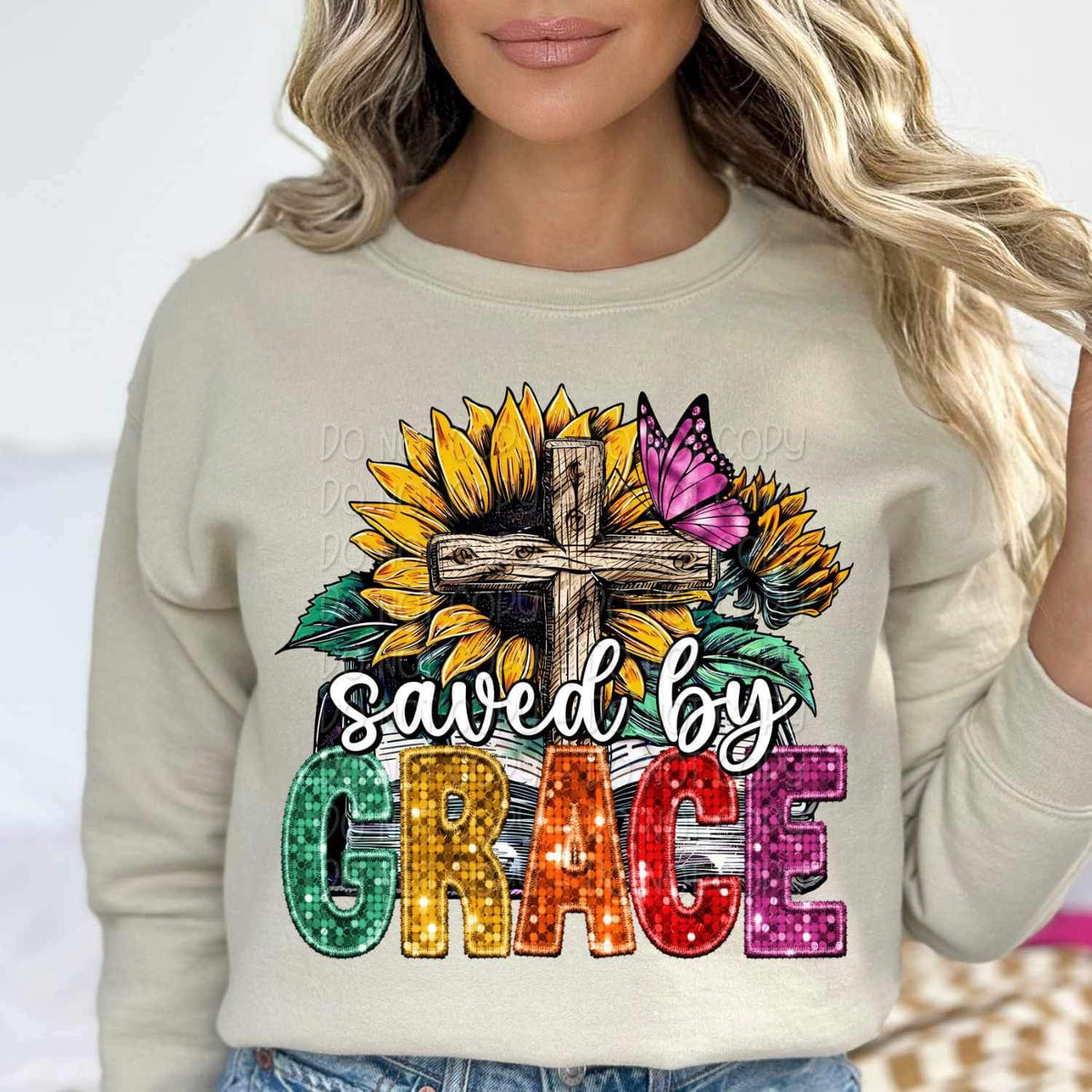 Saved by grace (sequin font with wooden cross, book, sunflower, butterfly) 15845 DTF Transfer
