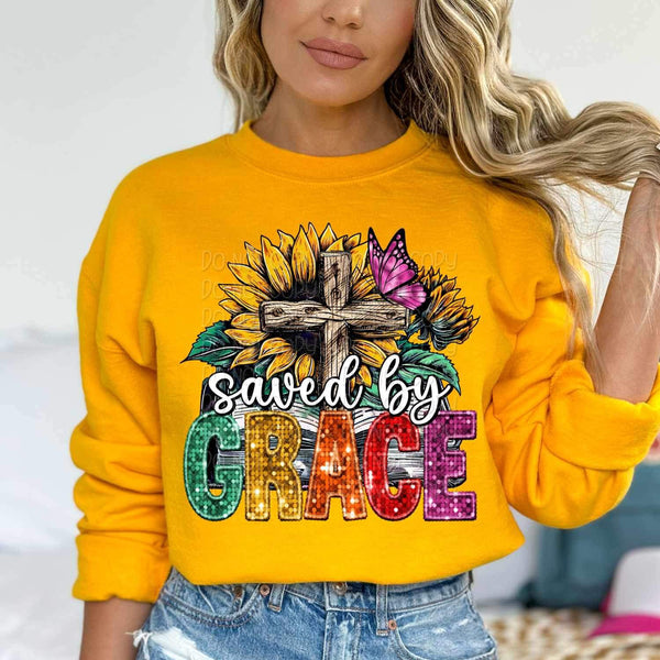 Saved by grace (sequin font with wooden cross, book, sunflower, butterfly) 15845 DTF Transfer