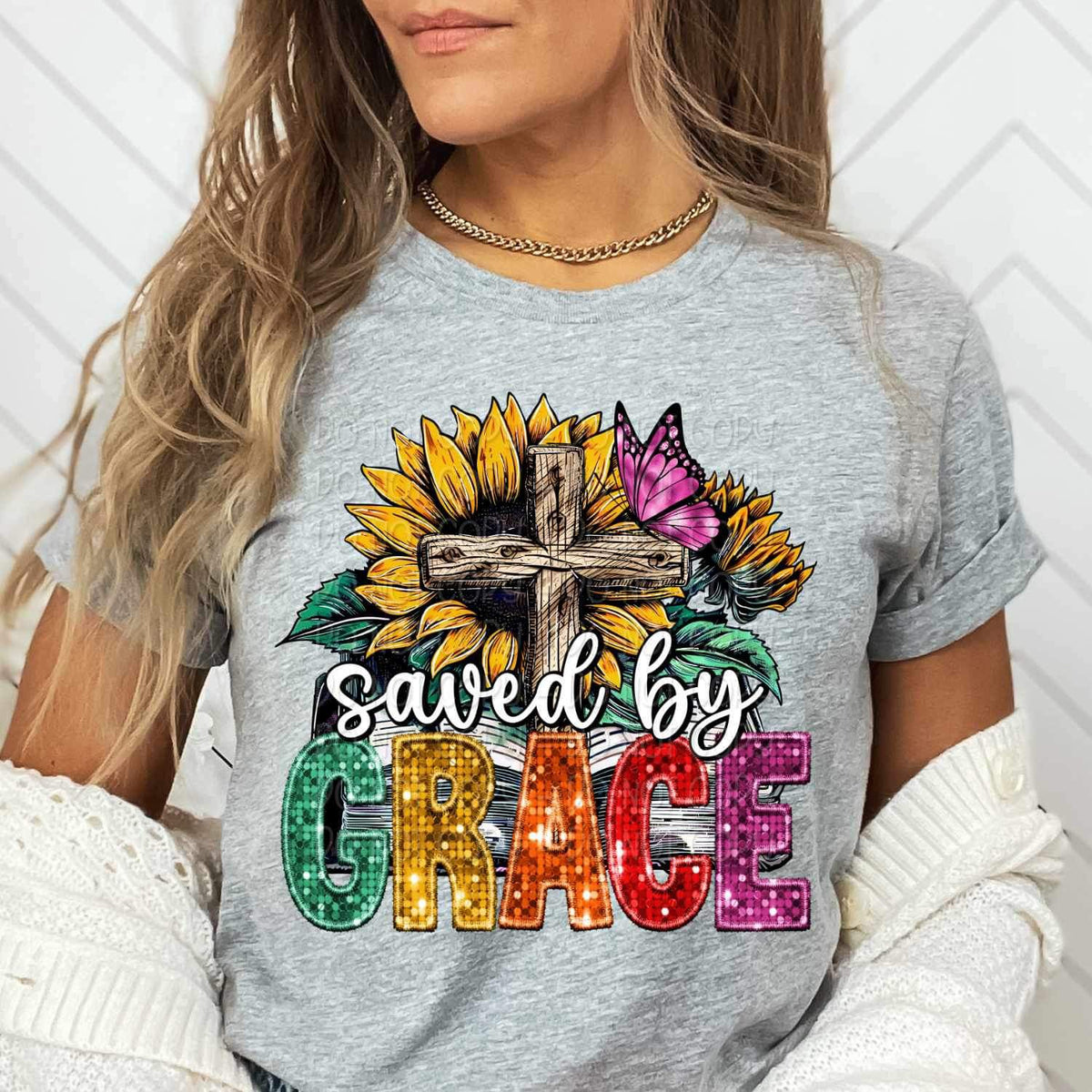 Saved by grace (sequin font with wooden cross, book, sunflower, butterfly) 15845 DTF Transfer
