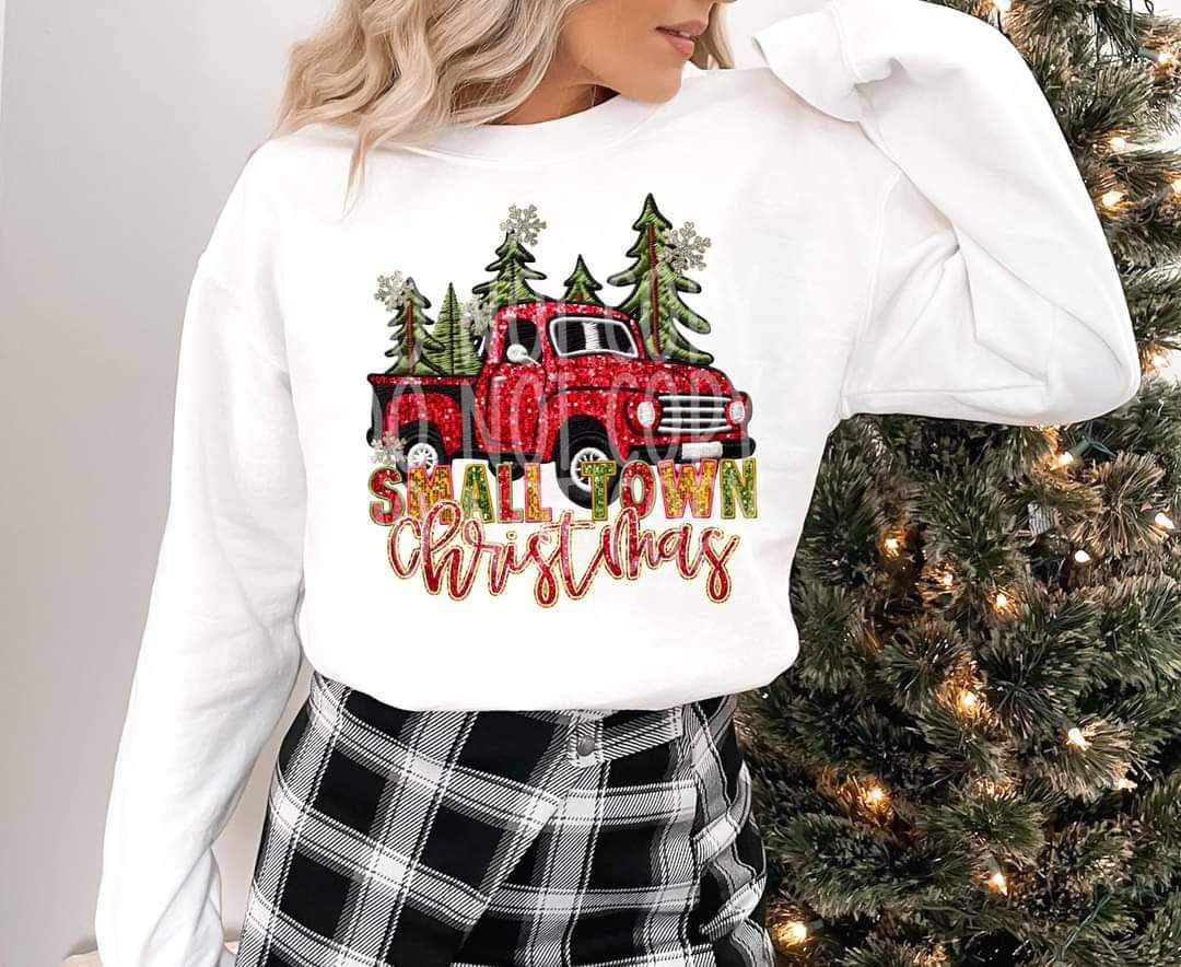 Small town Christmas (red sequin teucm with trees) 15843 DTF Transfer
