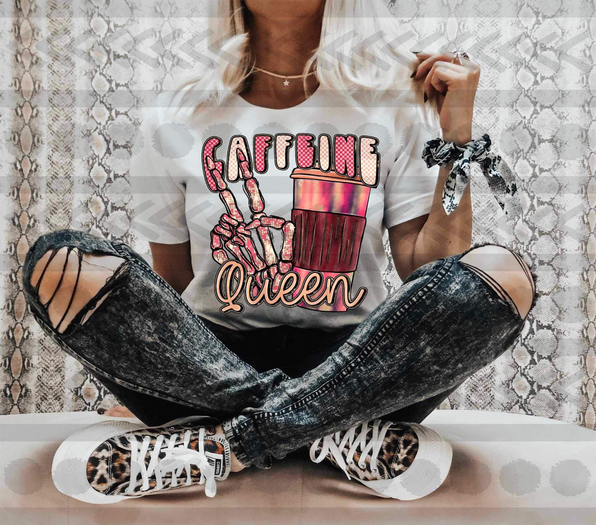 Caffeine queen (latte and skellie peace sign) 15839 DTF Transfer