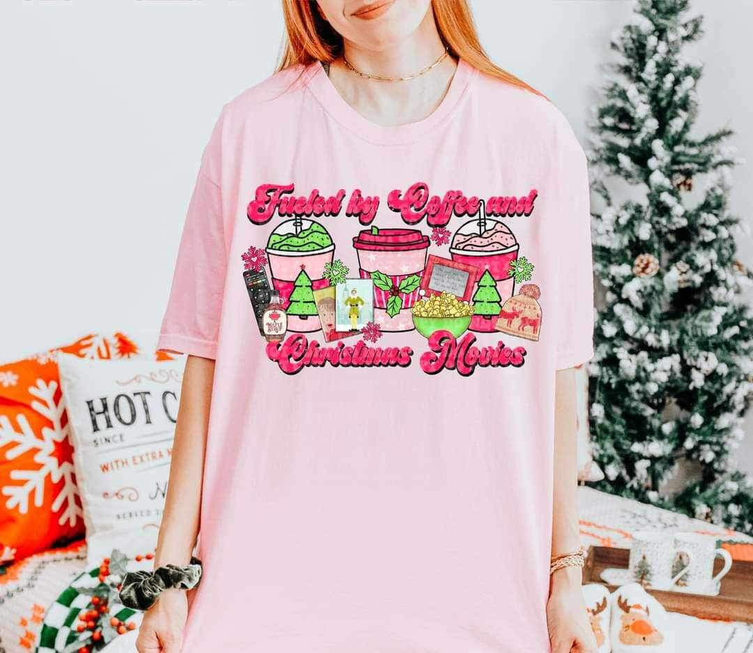 Fueled by coffee and Christmas movies (pink font with lattes and movie items) 15834 DTF Transfer