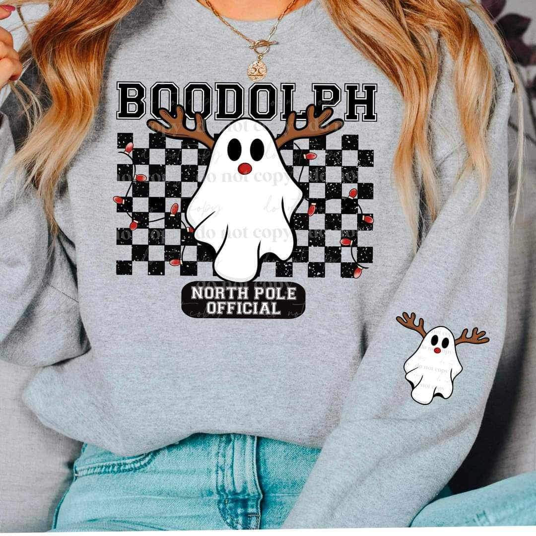 Boodolph (ghost dressed as reindeer with checkered background) FRONT ONLY 15828 DTF Transfer