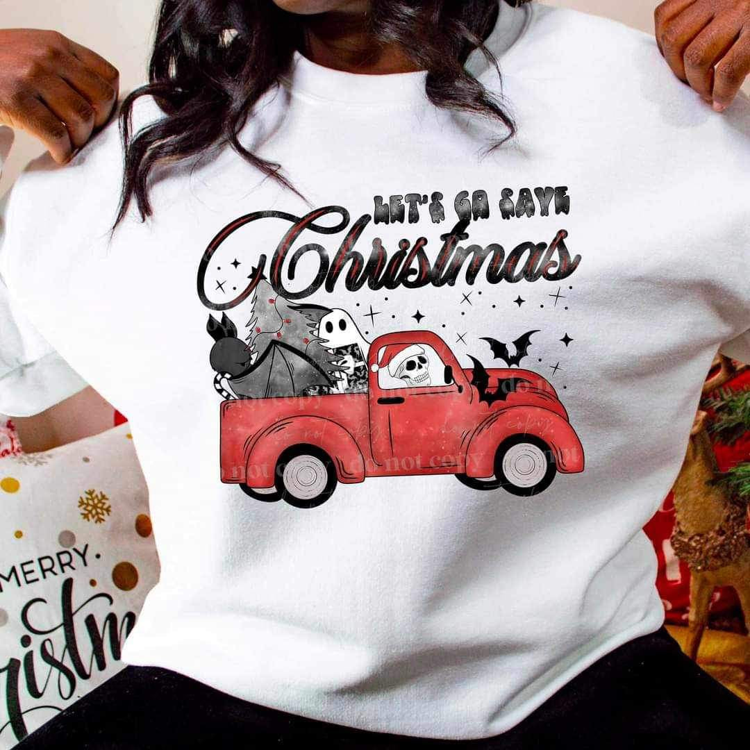 Lets go save Christmas (red truck with spooky Christmas items and dark tree) 15827 DTF Transfer