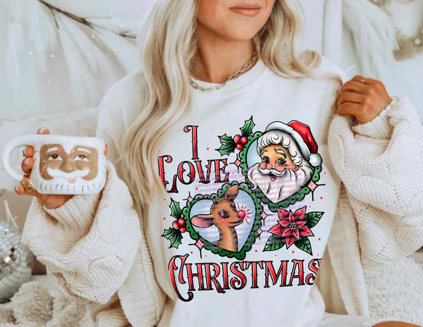 I love Christmas (red font with reindeer, santa, poinsettias) FRONT ONLY 15856 DTF Transfer