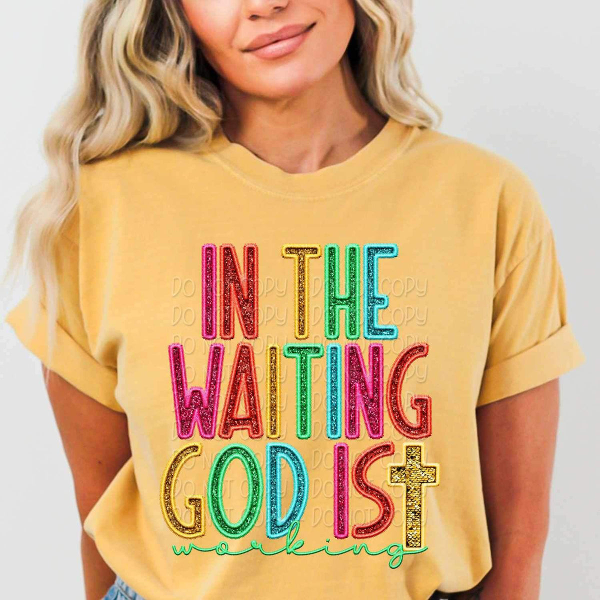 In the waiting god is working rainbow font 25887 DTF transfer