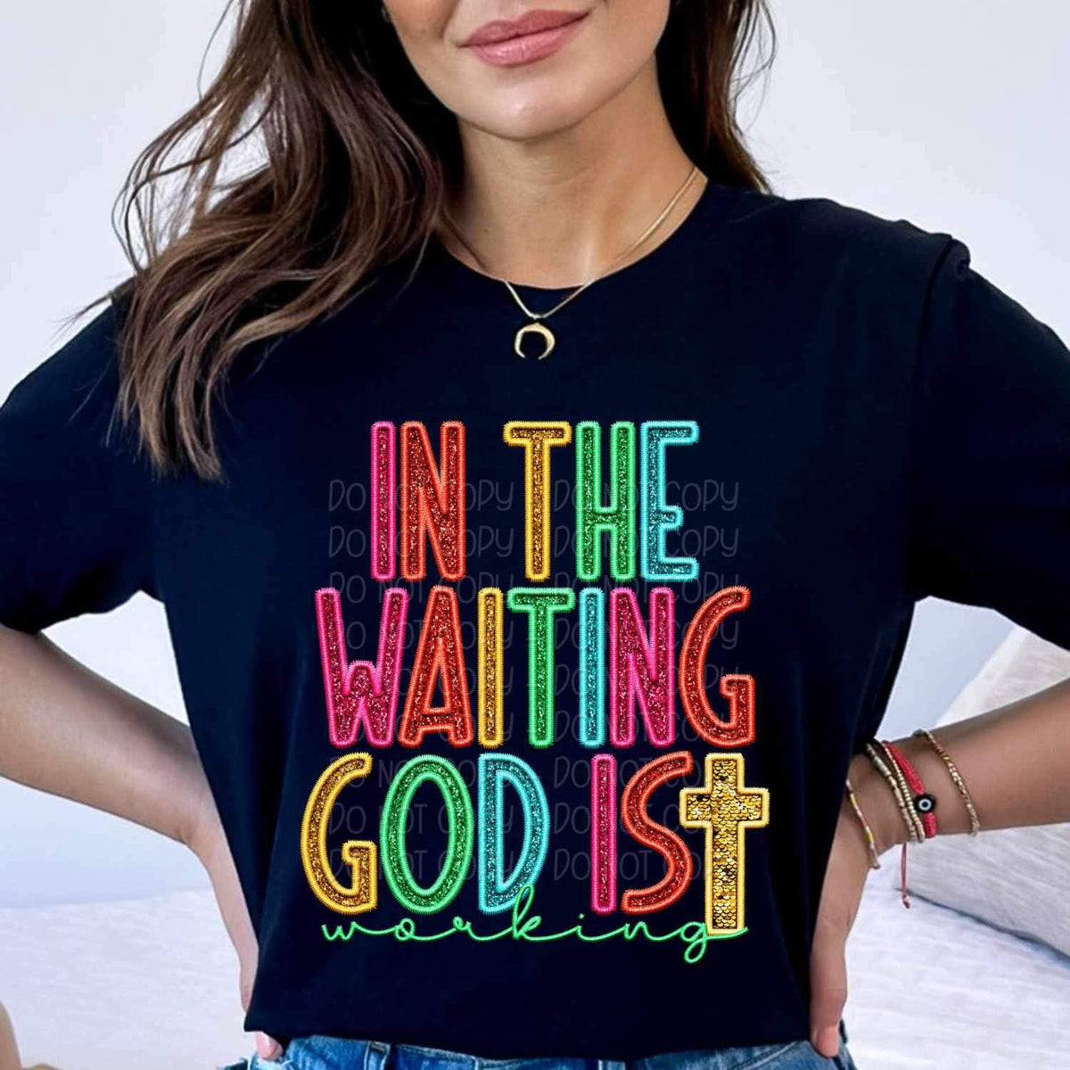 In the waiting god is working rainbow font 25887 DTF transfer
