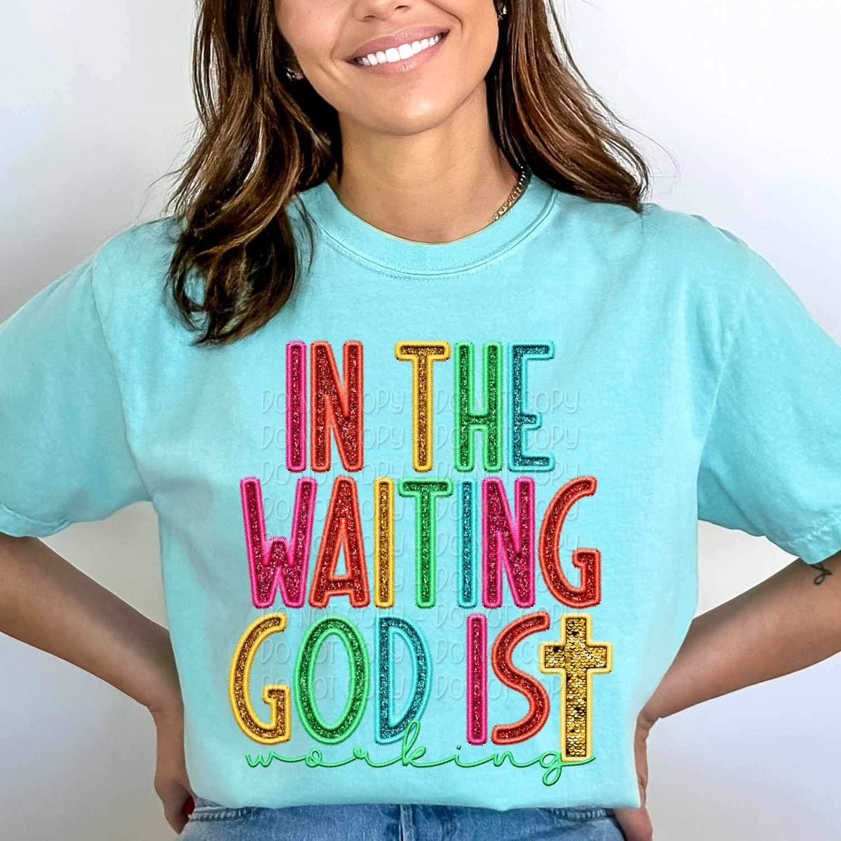In the waiting god is working rainbow font 25887 DTF transfer
