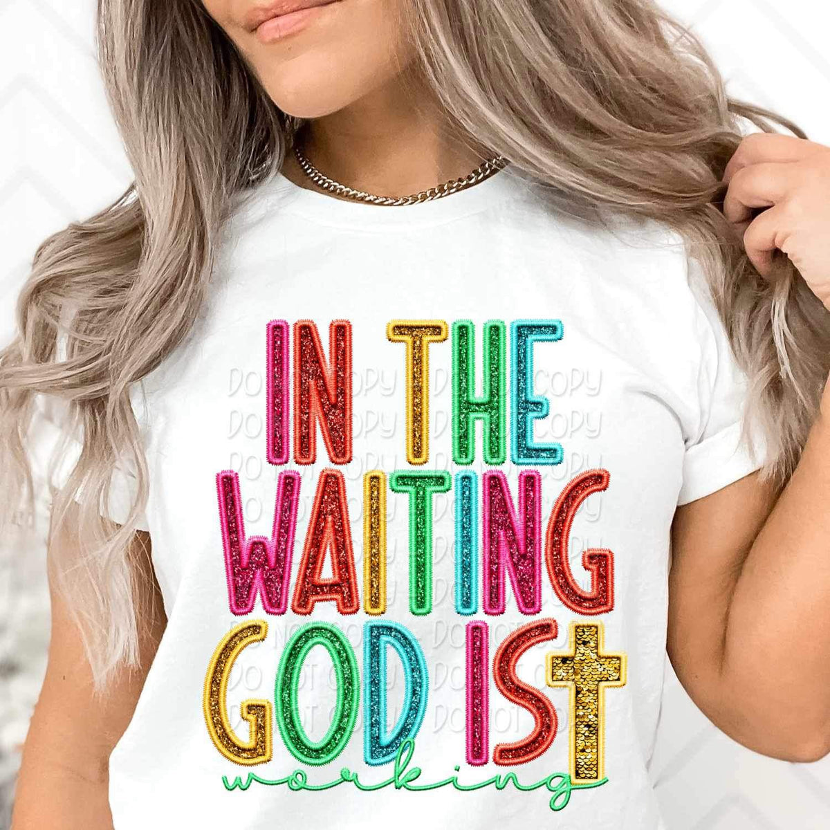 In the waiting god is working rainbow font 25887 DTF transfer