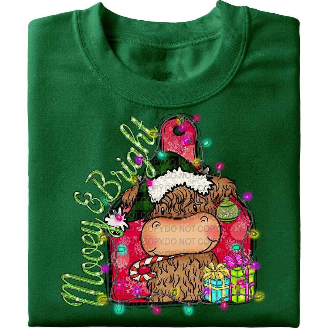 Merry & bright (green font with shaggy cow, red paddle, Christmas gifts) 15878 DTF Transfer