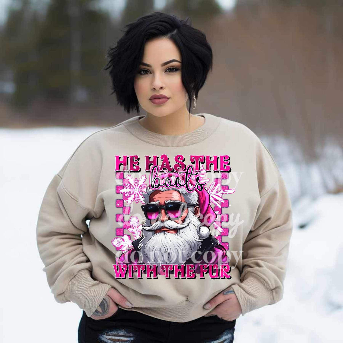 He has the boots with the fur (cool santa with pink outline and font) SSD 15967 DTF transfer bc