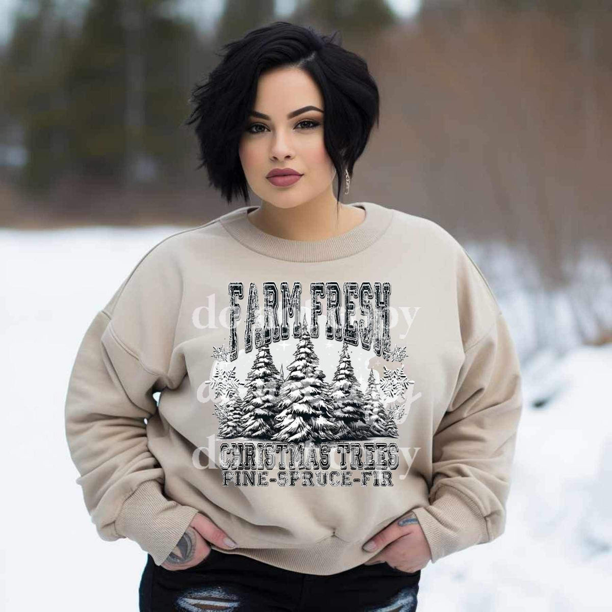 Farm fresh Christmas tree fine-spruce-fir (white and black trees and font) SSD 15966 DTF transfer bc