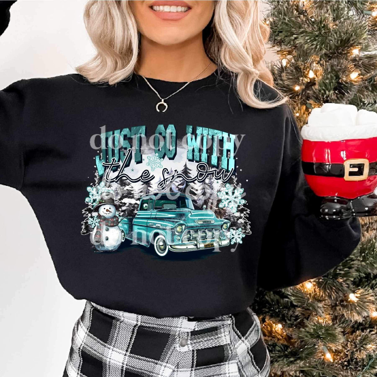 Just go with the snow (blue truck with white trees and snowman SSD) 15960 DTF transfer bc