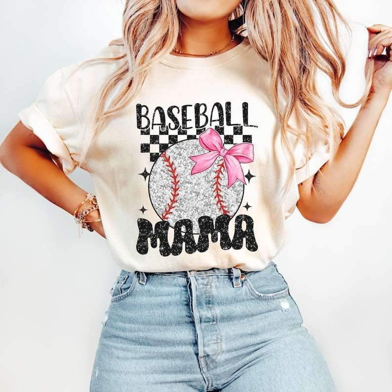 Baseball mama ball with bow 25986 DTF transfer