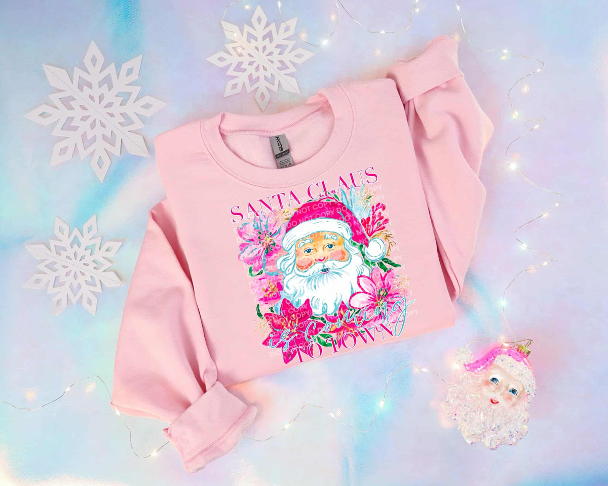 Santa Claus is coming to town pink florals (SCG) DTF Transfer