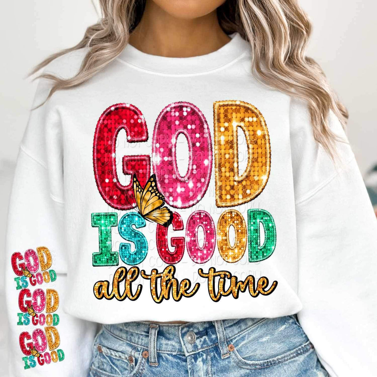 God is good all the time multi color sequin SLEEVE ONLY 16003 DTF Transfer