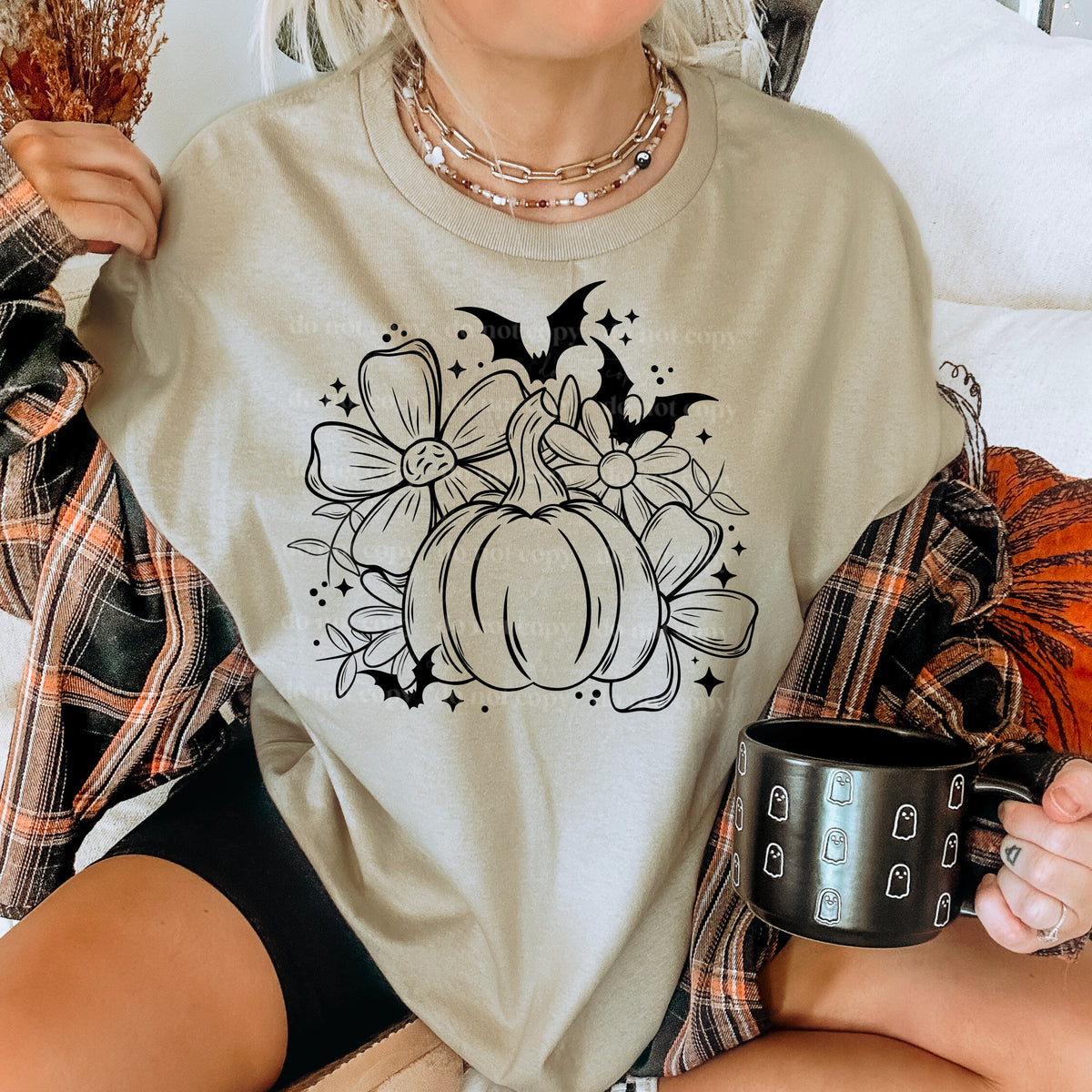 Pumpkin with flowers and bats BLACK CSC DTF transfer