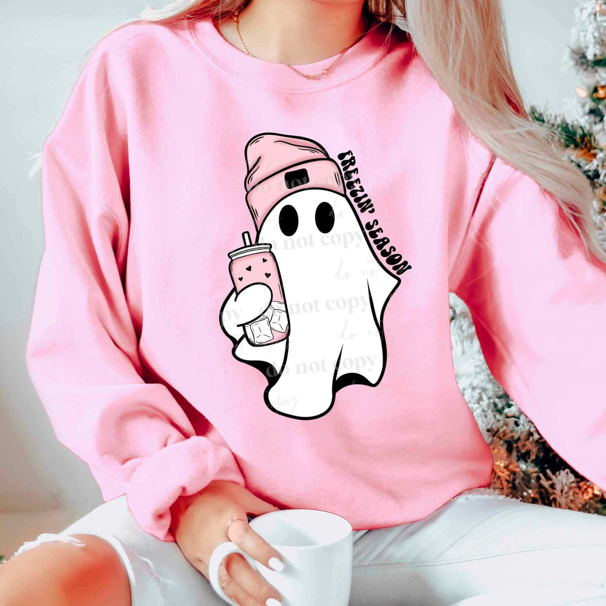 Freezin season ghost with pink beanie and cup 16069 DTF Transfer