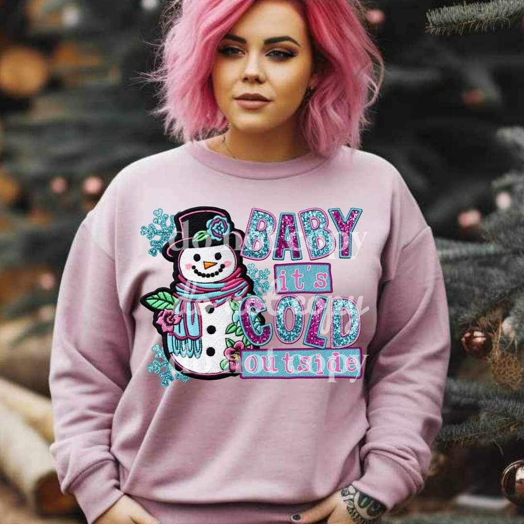 Baby its cold outside (sequin pink and blue font and snowman) 16072 DTF Transfer
