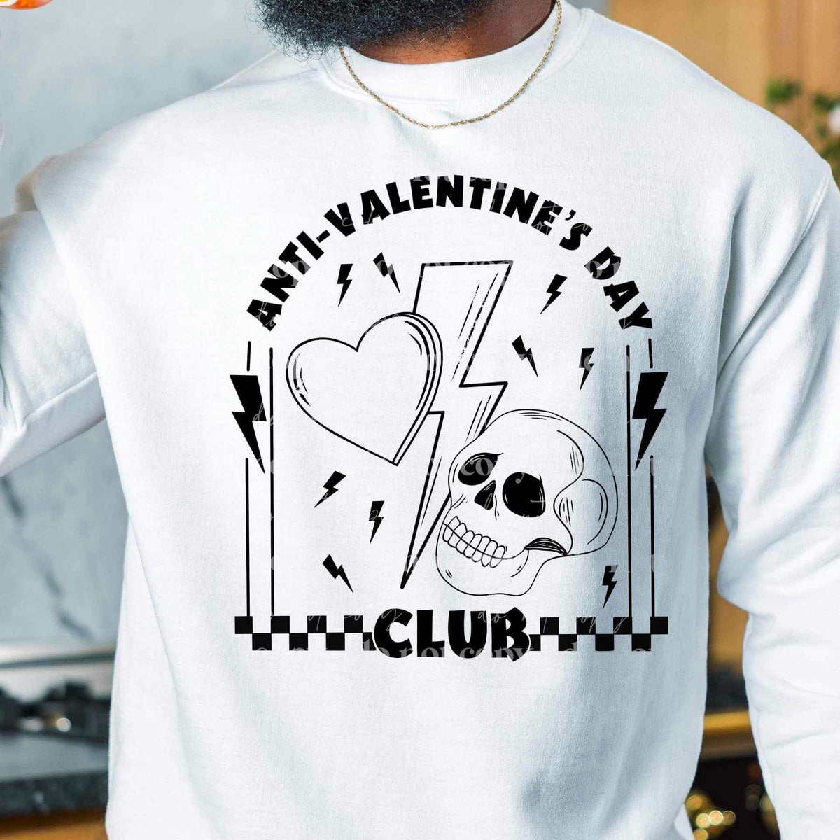 Anti valentines day club (BLACK with skull and checkered print and lightning bolt) 16050 DTF Transfer