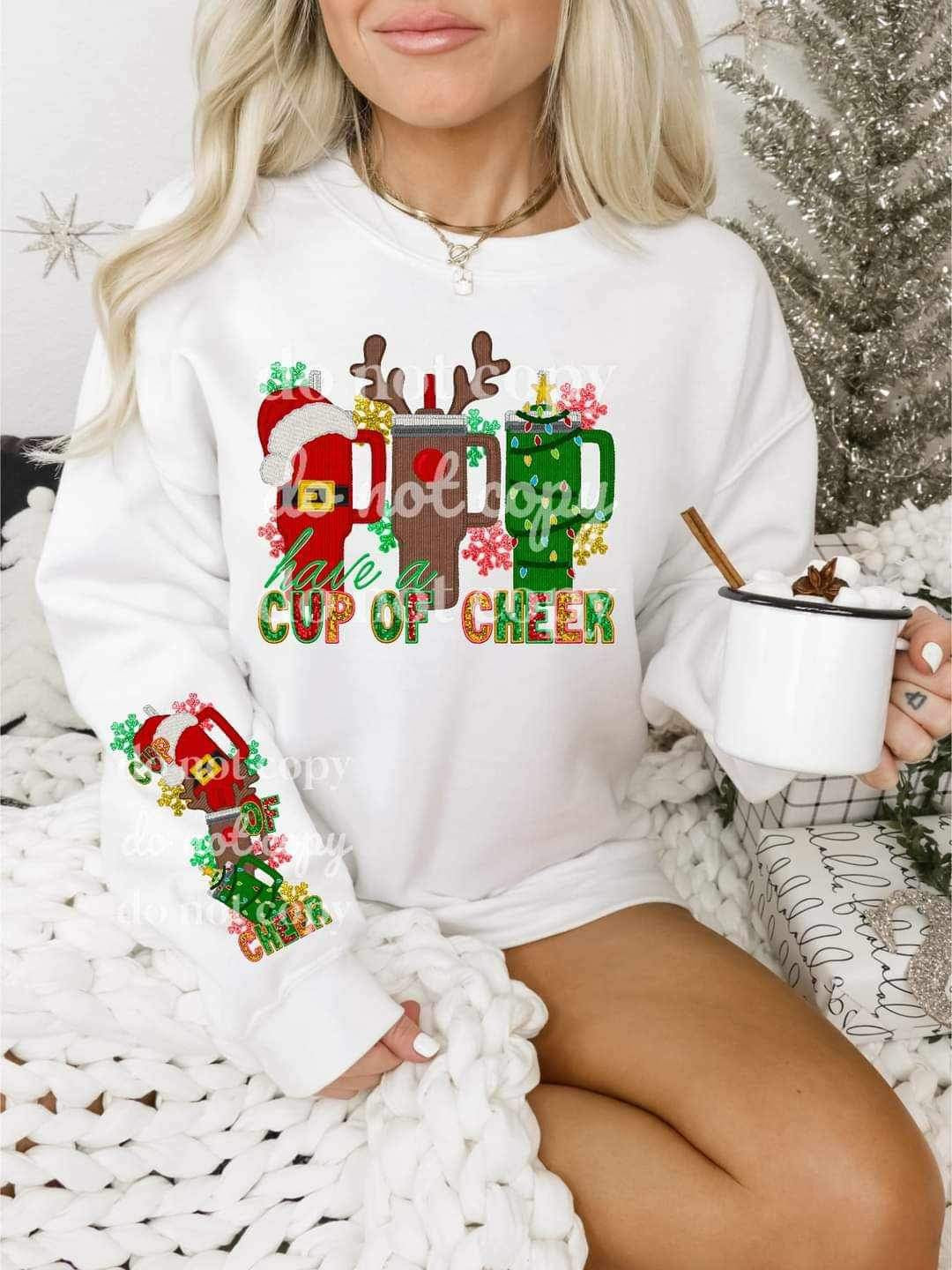 Have a cup of cheer (embroidered cups with lights, santa hat, and antlers) FRONT ONLY 16056 DTF Transfer