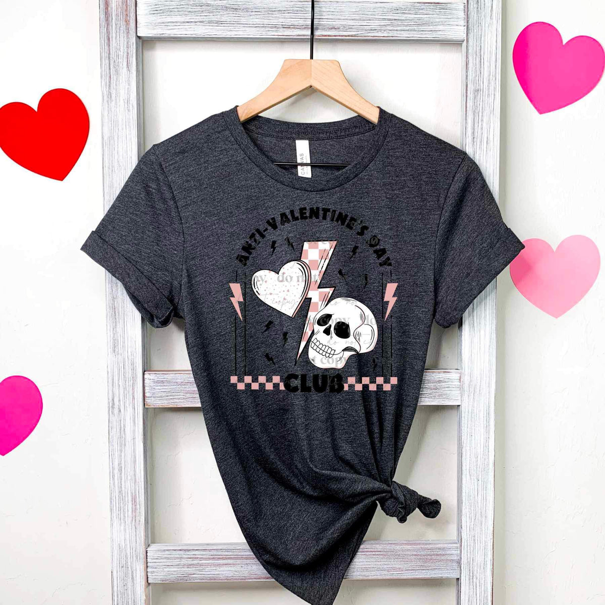 Anti valentines day club (black font with skull and pink checkered print and lightning bolt) 16049 DTF Transfer