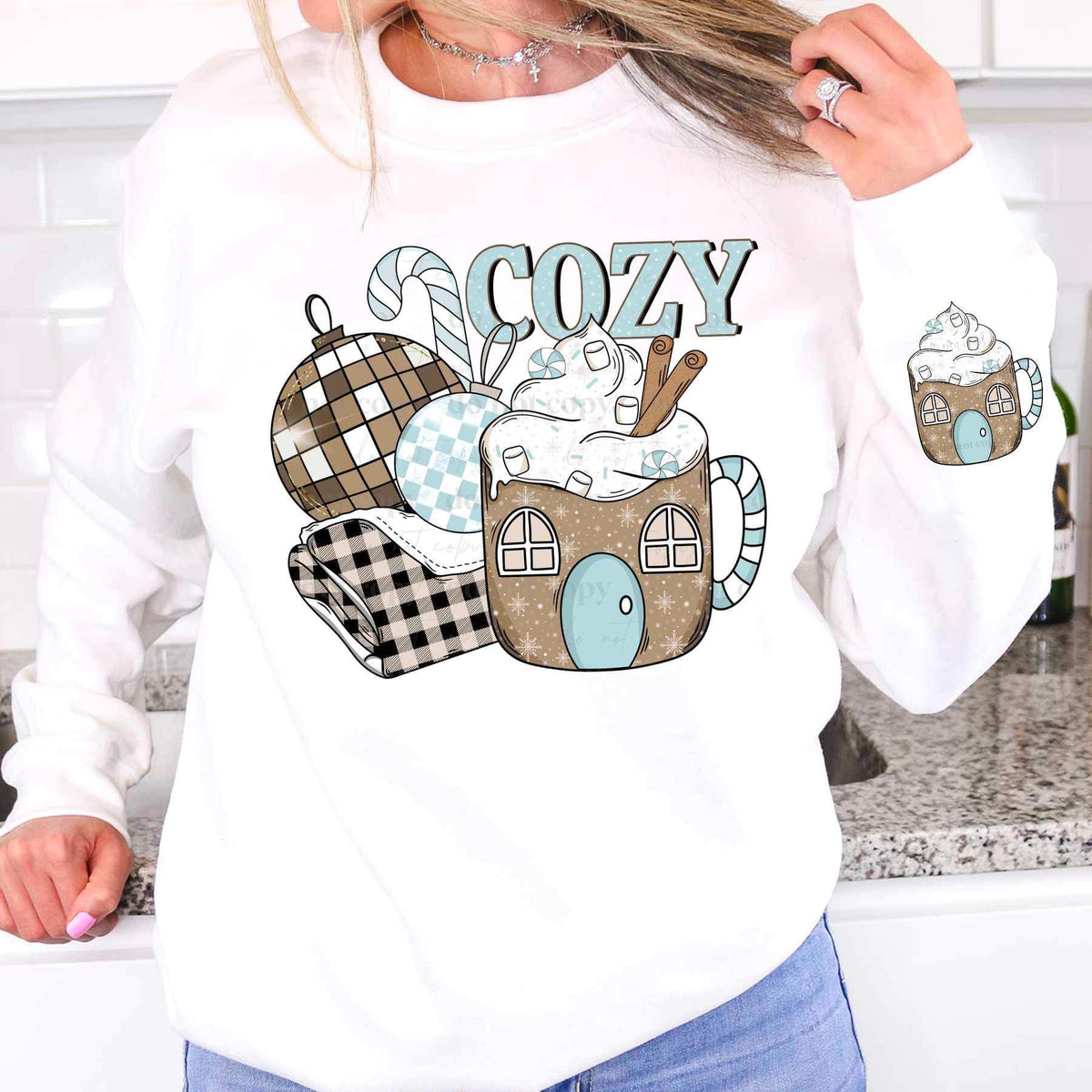 Cozy (gingerbread mug, disco ball, blanket, ornament) FRONT ONLY 16038 DTF Transfer