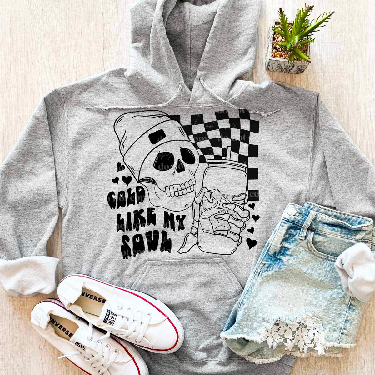 Cold like my soul (skull with tumbler and checkered print) 16028 DTF Transfer