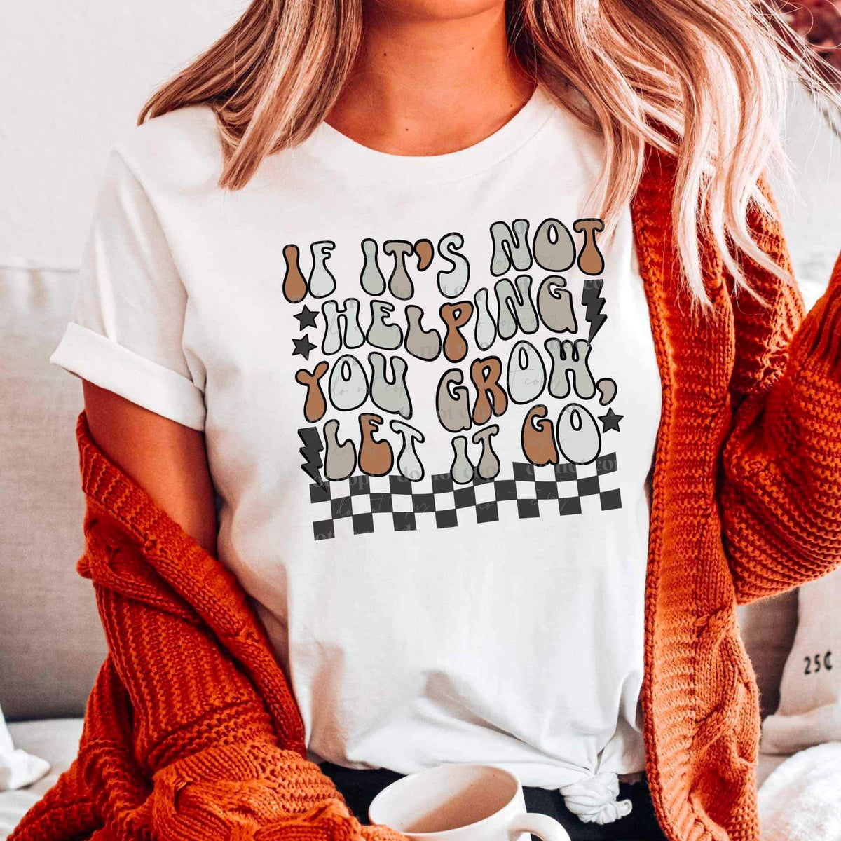 If its not helping you grow let it go (blue, grey, brown font with checkered print) 16019  DTF Transfer