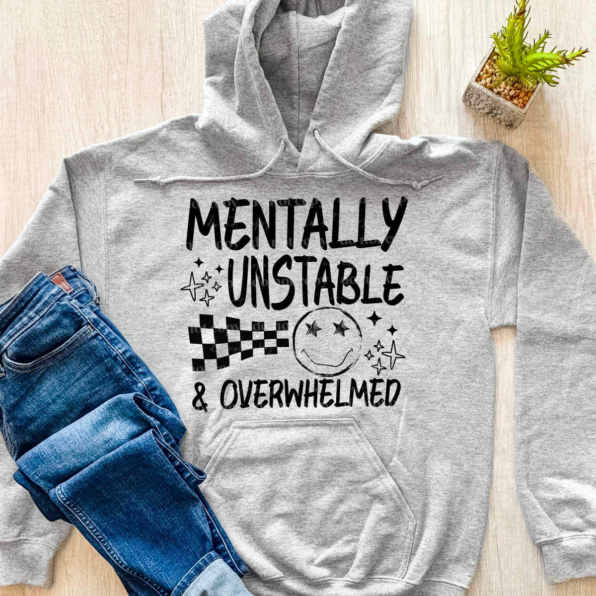 Mentally unstable & overwhelmed (BLACK with smily face and checkered print) 16013 DTF Transfer