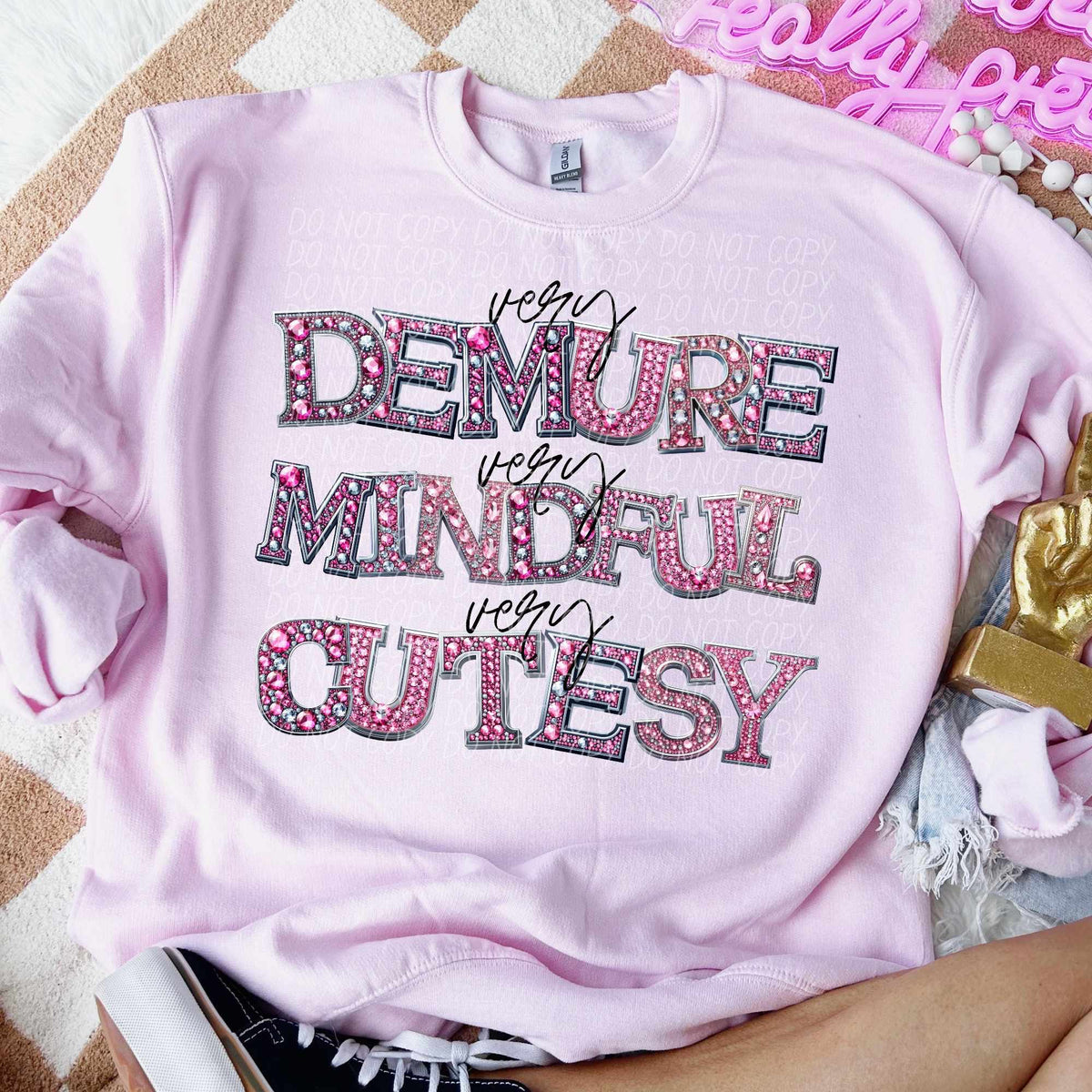 Very demure very mindful very cutesy pink rhinestone 55715 DTF transfer