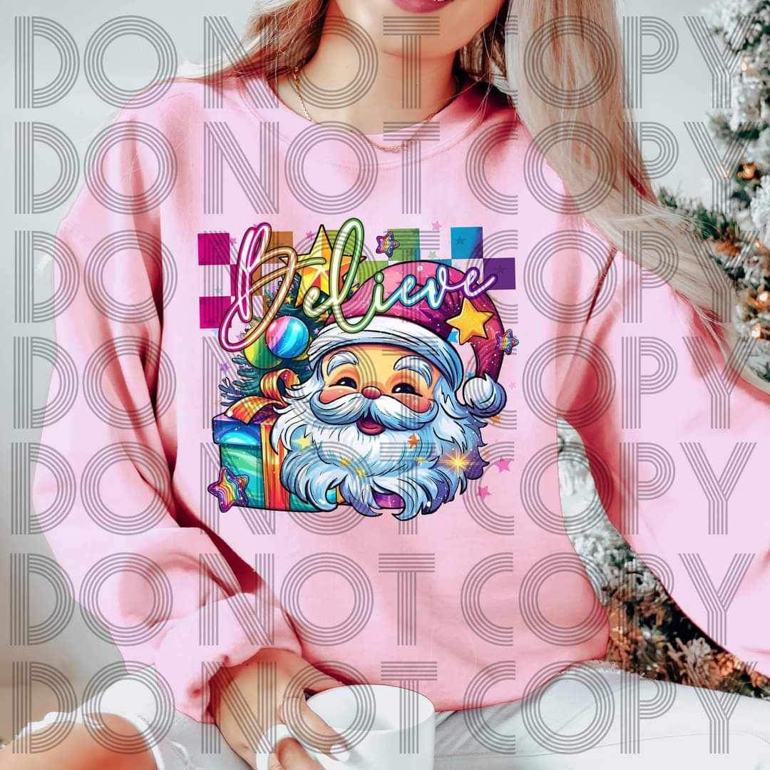 Believe (rainbow checkered print, santa, presents) 16097 DTF Transfer