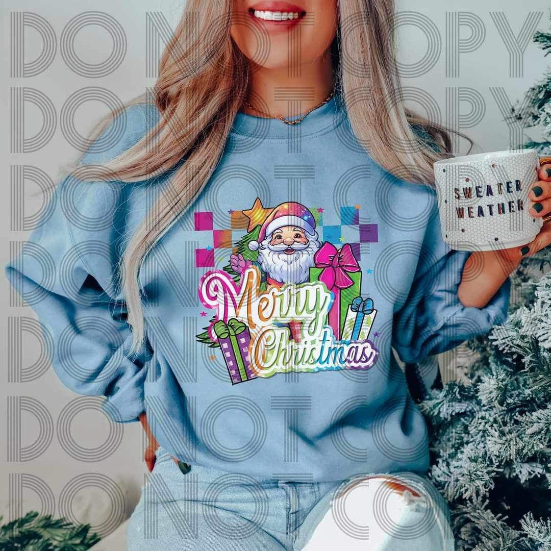 Merry Christmas (rainbow font and background with santa and presents) 16096 DTF Transfer