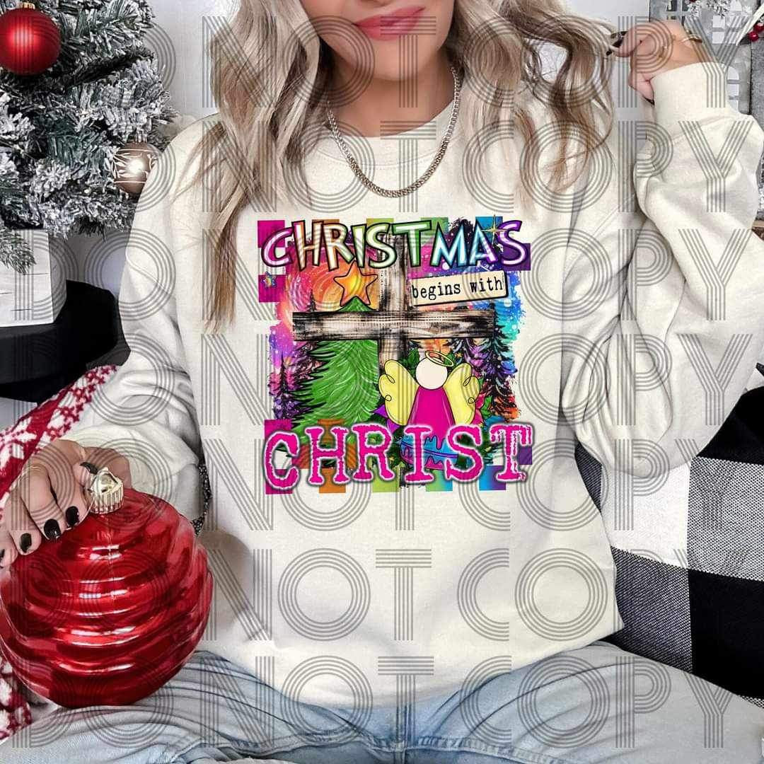 Christmas begins with christ (tree, cross, angel with rainbow background) 16090 DTF Transfer