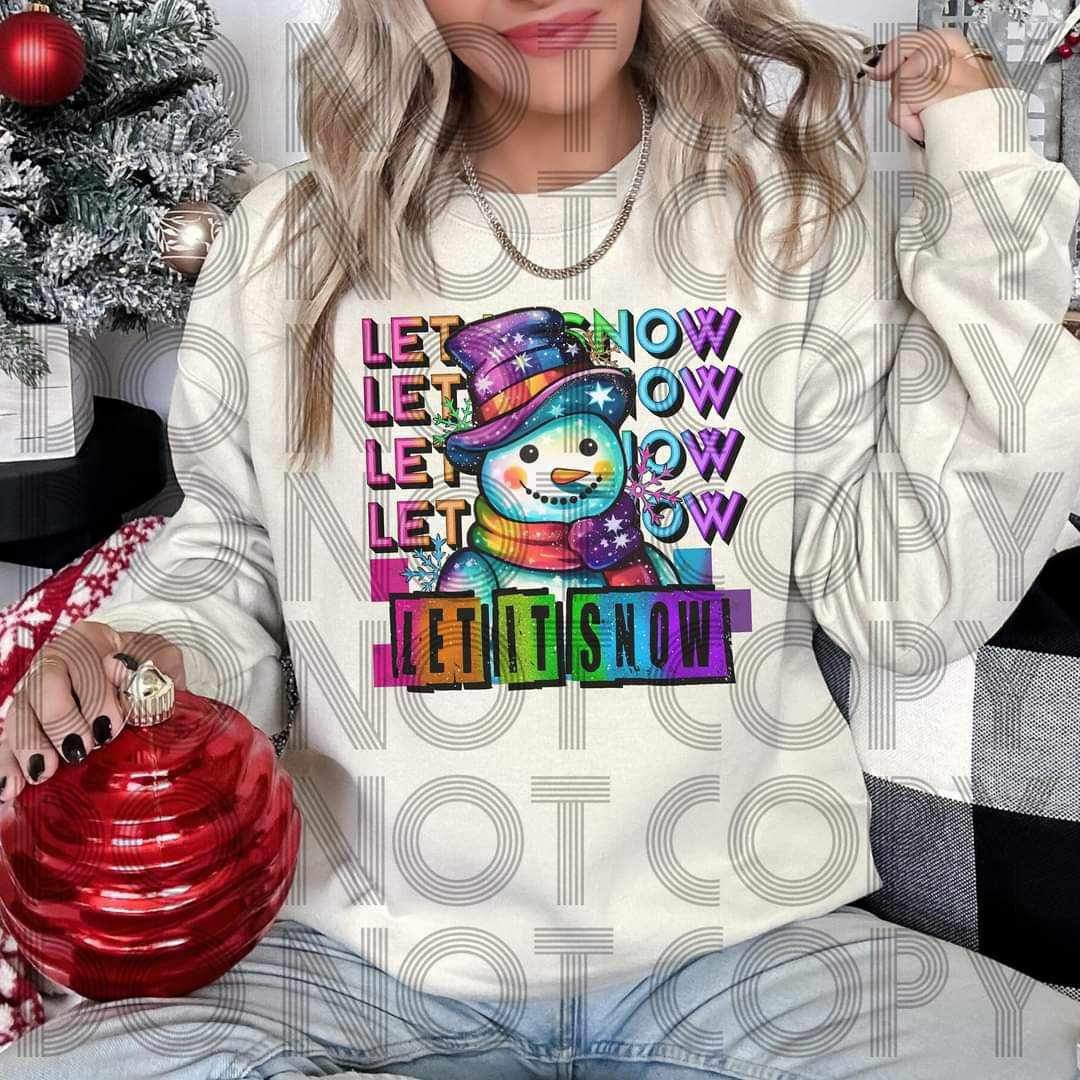 Let it snow stacked with rainbow font and snowman with rainbow winter wear 16089 DTF Transfer