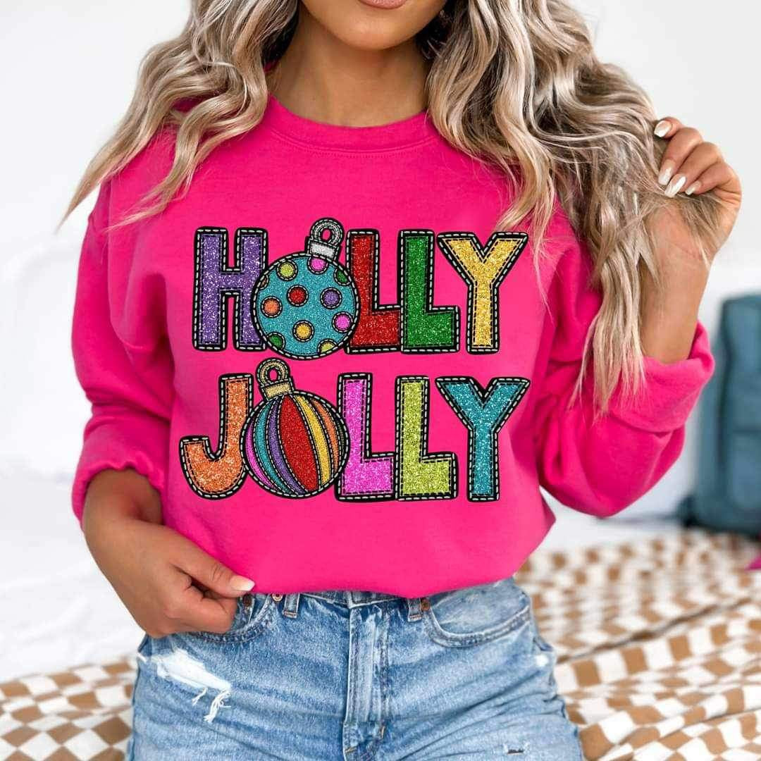 Holly jolly (multi color sequin font with ornaments) 16135 DTF Transfer