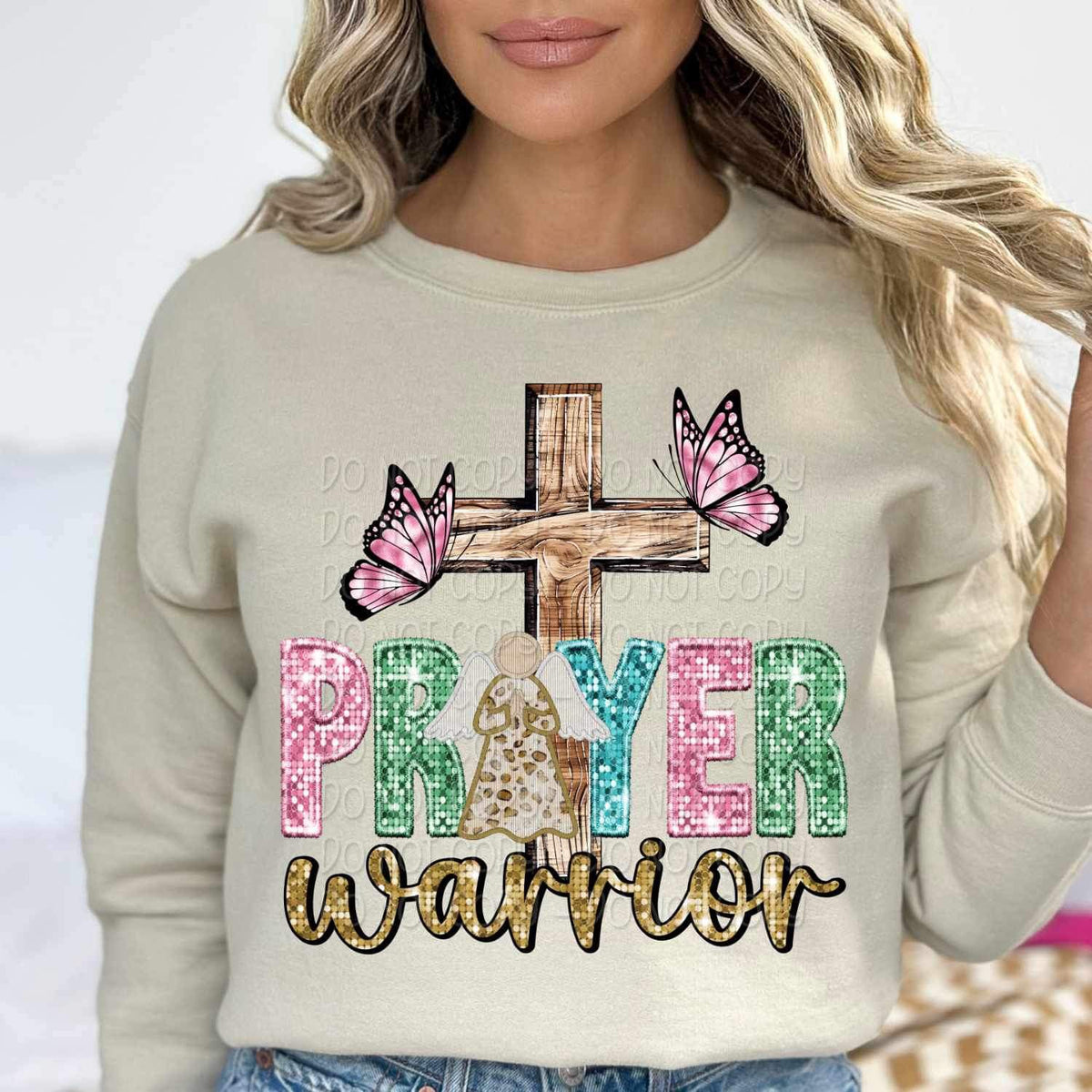 Prayer warrior (sequin with colorful font, angel, cross, butterflies) 16131 DTF Transfer