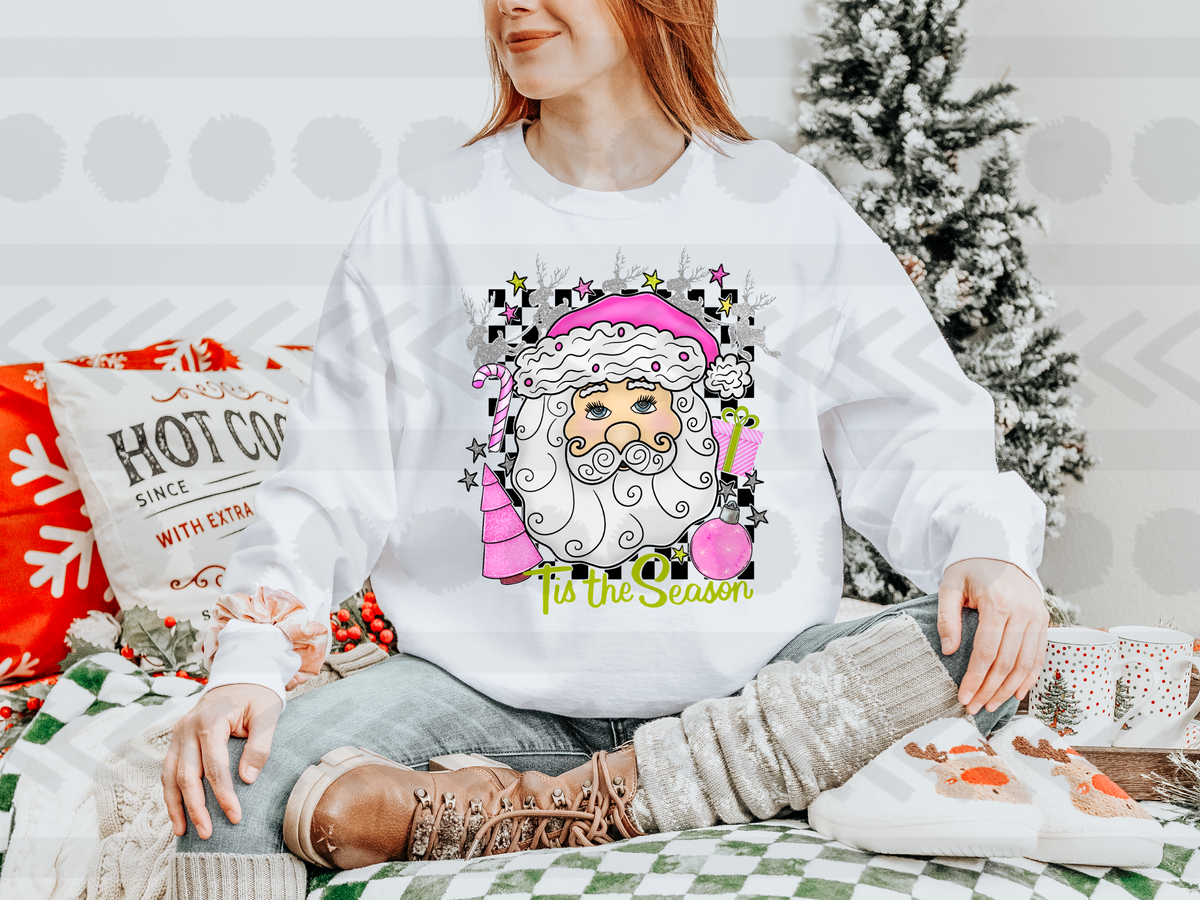 It’s the season Santa pink with checkered background 14153 DTF transfer