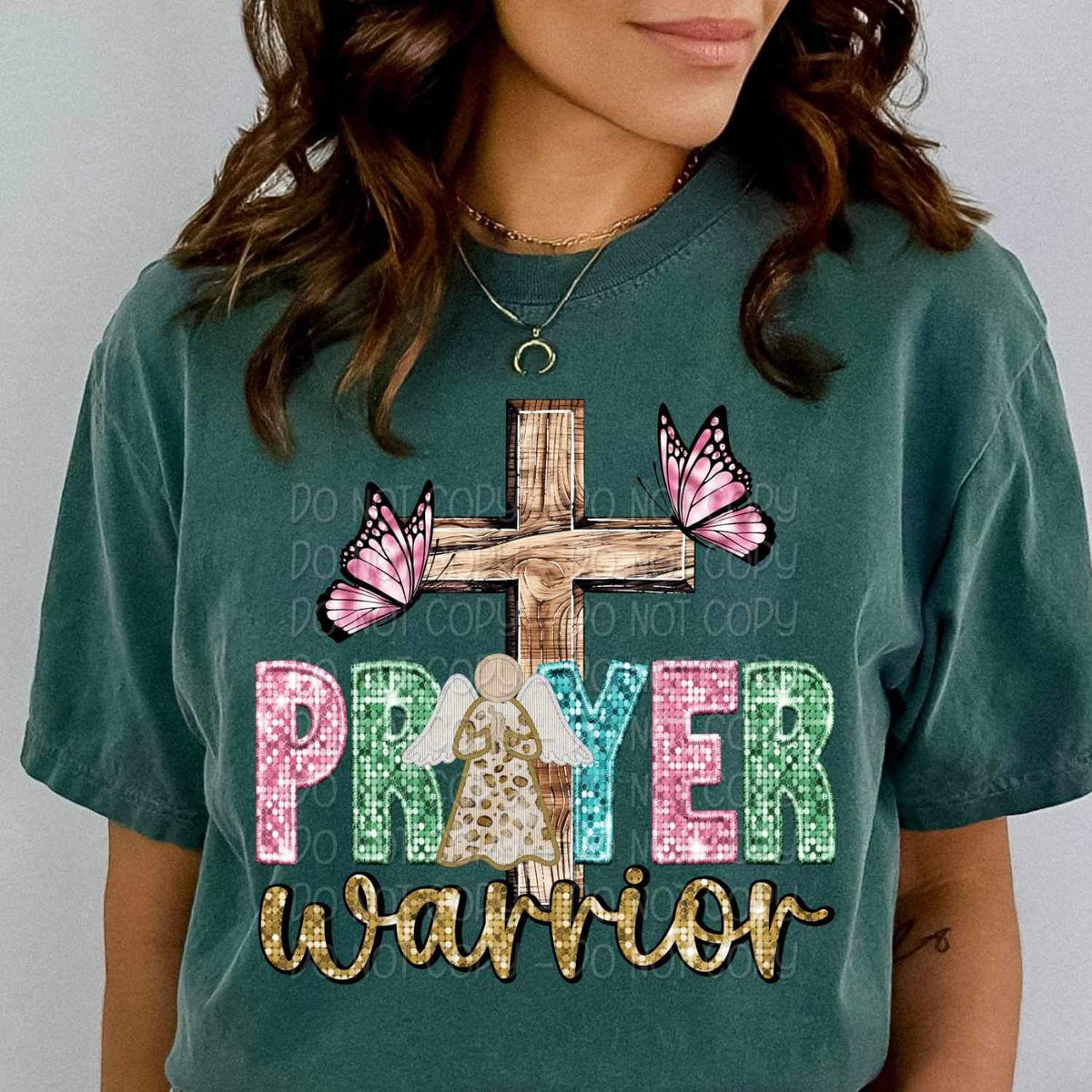 Prayer warrior (sequin with colorful font, angel, cross, butterflies) 16131 DTF Transfer