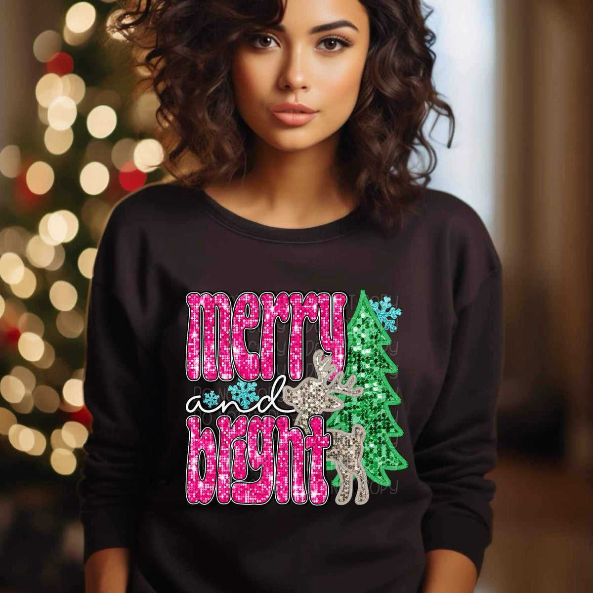 Merry and bright (sequin with pink font reindeer, tree, and snowflakes) 16129 DTF Transfer