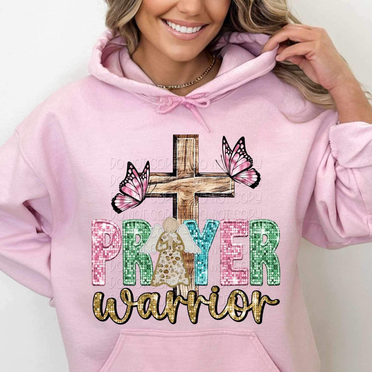Prayer warrior (sequin with colorful font, angel, cross, butterflies) 16131 DTF Transfer