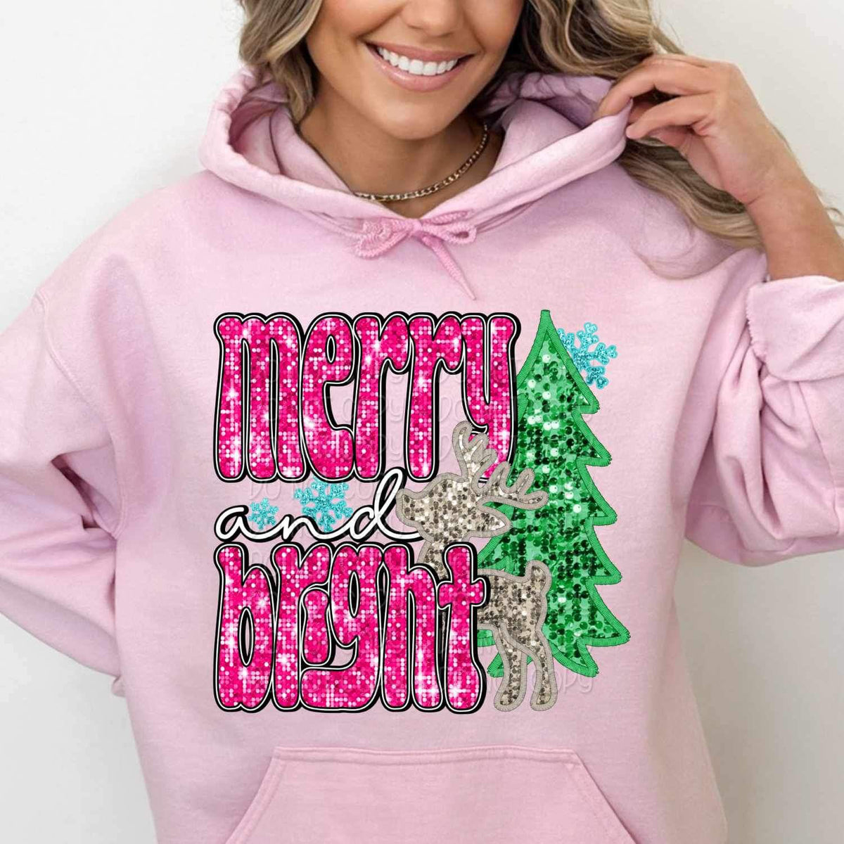 Merry and bright (sequin with pink font reindeer, tree, and snowflakes) 16129 DTF Transfer
