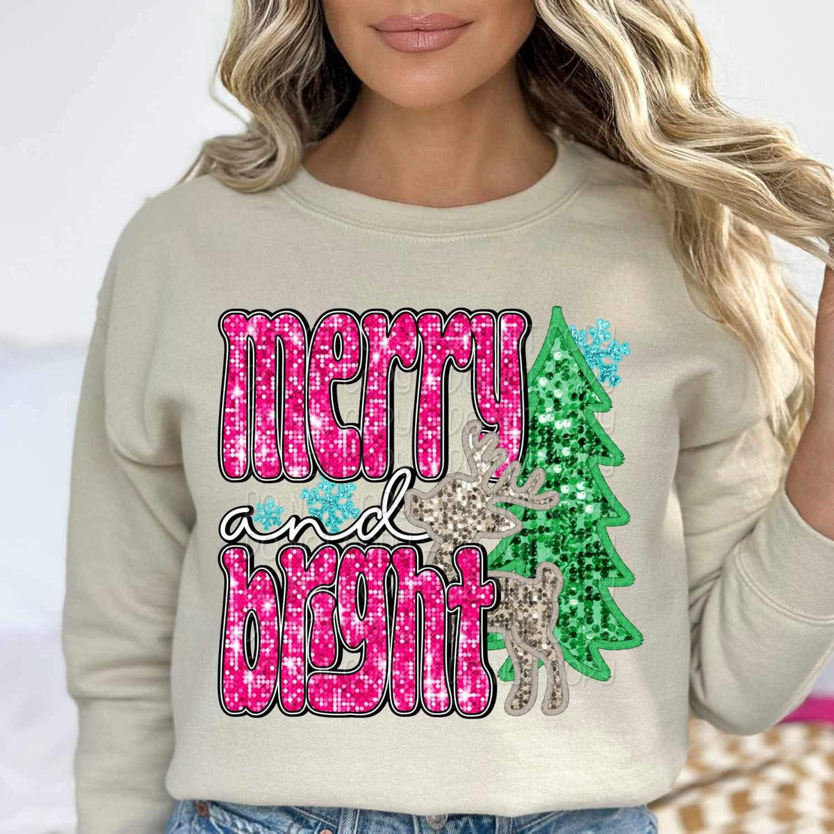 Merry and bright (sequin with pink font reindeer, tree, and snowflakes) 16129 DTF Transfer