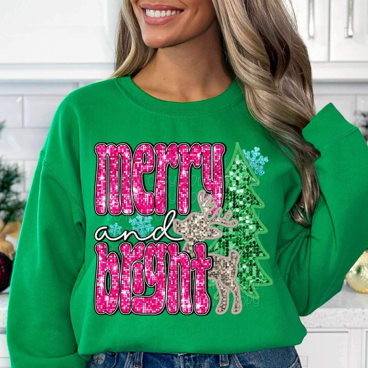 Merry and bright (sequin with pink font reindeer, tree, and snowflakes) 16129 DTF Transfer