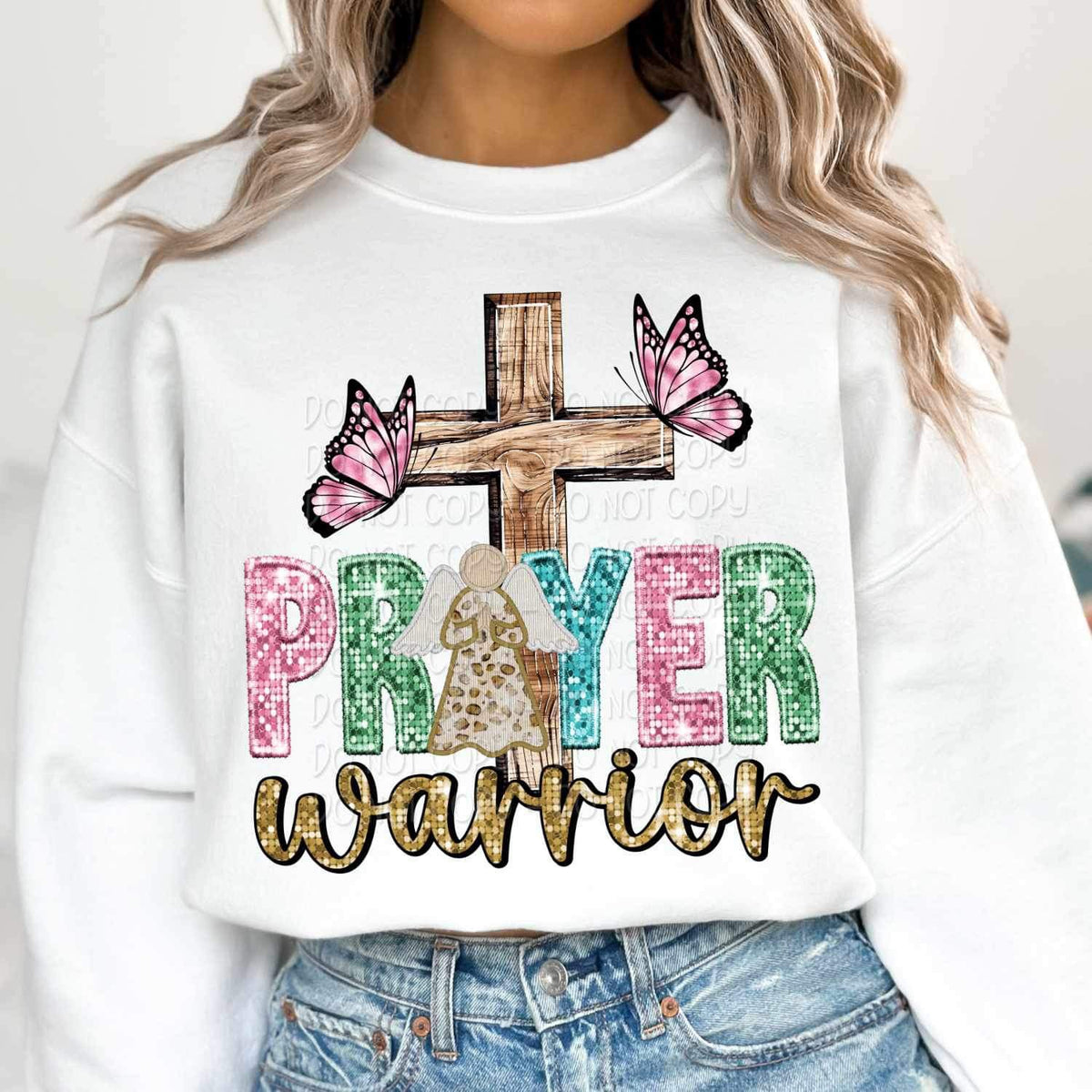 Prayer warrior (sequin with colorful font, angel, cross, butterflies) 16131 DTF Transfer