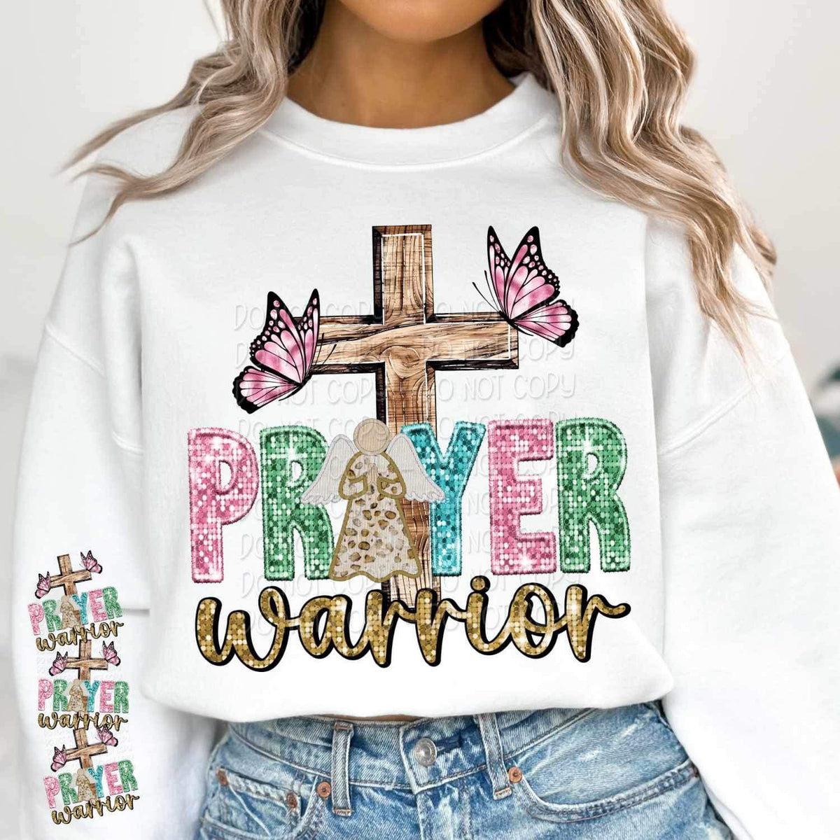 Prayer warrior (sequin with colorful font, angel, cross, butterflies) SLEEVE 16130 DTF Transfer