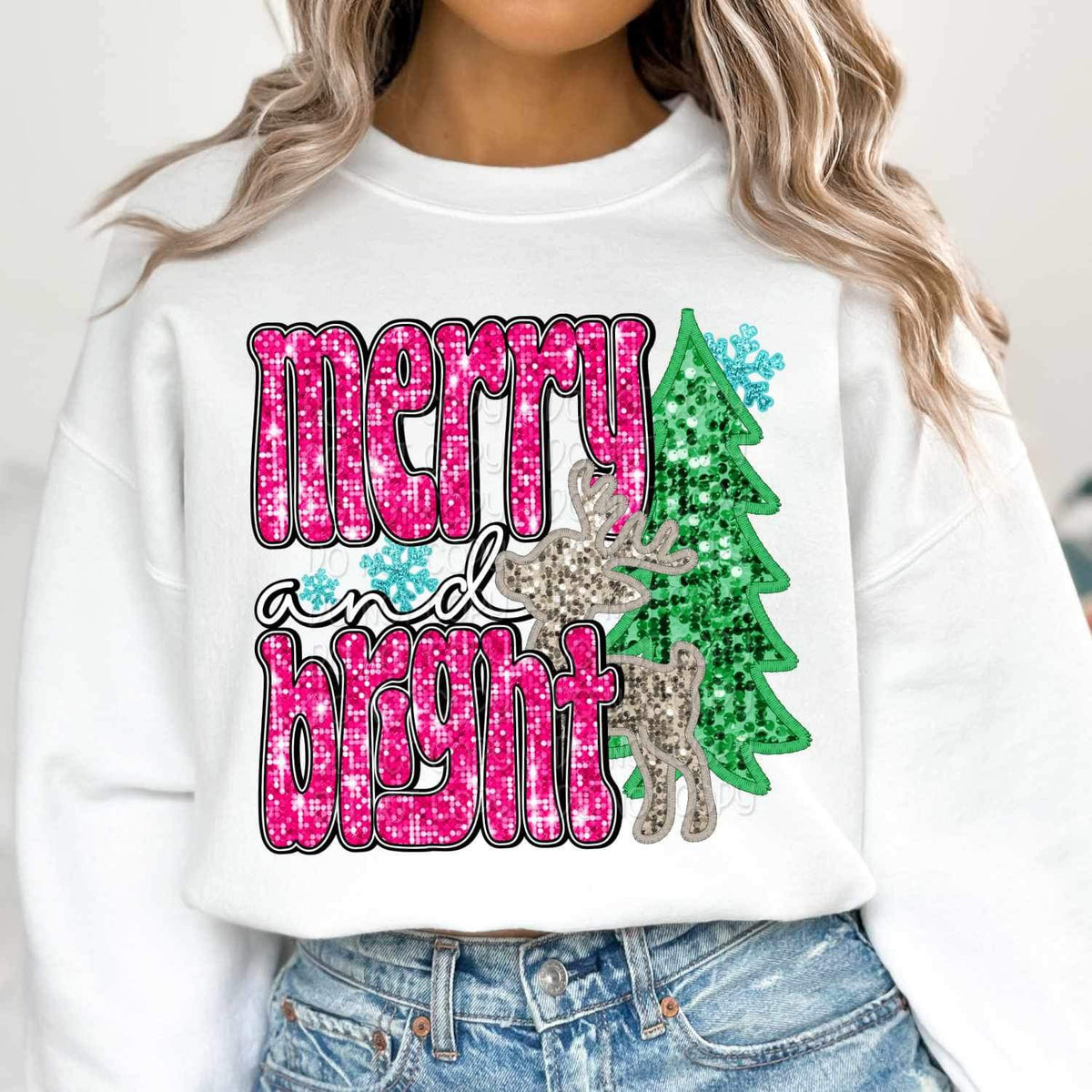 Merry and bright (sequin with pink font reindeer, tree, and snowflakes) 16129 DTF Transfer